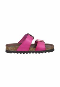 Sandali rosa con due larghe cinghie, in materiale di pelle e fibbie in metallo. Presentano un sottopiede in sughero e una suola in gomma nera testurizzata.