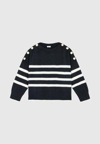 Pull en maille bleu marine et blanc à rayures, avec ourlet et poignets côtelés. Présente des boutons décoratifs sur l'épaule pour un détail supplémentaire.
