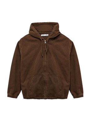 Bruine hoodie met rits, voorzien van een voorrits, twee zijzakken, elastische manchetten en een gestructureerde stof. Eenvoudig en functioneel ontwerp.