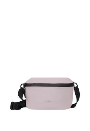 Light pink rectangular crossbody bag with black adjustable strap and top zipper, "Ucon Acrobatics" embossed on front center.
