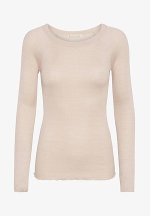 Svijetlosmeđi dukserica dugih rukava izrađena od rebrastog materijala. Ima okrugli izrez i sirovi rub, s prilagođenim krojem i mekom teksturom.