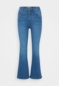 Jean en denim bleu taille haute avec jambes évasées, deux poches avant et fermeture à double bouton à la taille.