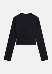 Schwarzes, kurz geschnittenes Langarmoberteil aus Rippstoff. Es verfügt über einen Rundhalsausschnitt und eine figurbetonte Silhouette. Glatte Textur ohne sichtbare Muster oder Verzierungen.