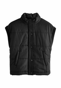 Melna bezroku pūderveidīga veste ar augstu apkakli, spiedpoga aizdari un divām sānu kabatām; raksturīga šūta tekstūra un ribota sānu detaļas.