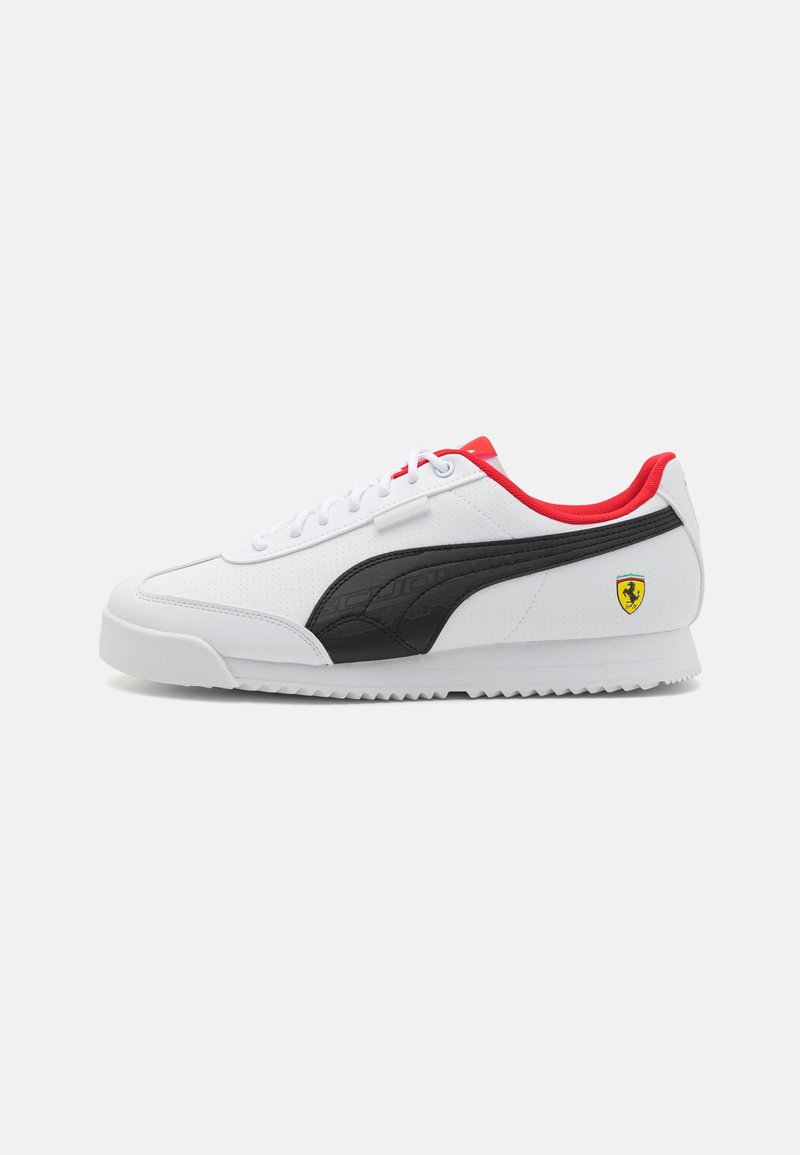 White sneaker with black accents and red collar. Features a textured black side panel and small yellow Ferrari logo on the heel.