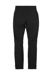 Sorte vandtætte bukser med justerbare Velcro-stropper ved anklerne, vist bagfra på en hvid baggrund.