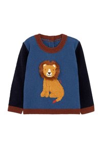 Strickpullover mit einem Löwenmotiv in strukturiertem goldenem Garn, blauer Körper und marineblaue Ärmel. Gerippter brauner Kragen und Saum setzen einen Kontrast.