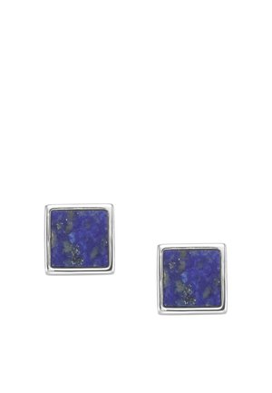 Pair of square silver stud earrings with deep blue stone centers, each displaying subtle gold and gray marbling, shown on a white background.