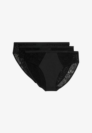 Ensemble de trois culottes boyshorts en dentelle noire, avec un panneau avant uni et des accents en dentelle sur les côtés ainsi qu'une taille lisse.