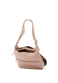 Borsa a tracolla in pelle beige con doppi manici, scomparto principale con zip, tasca esterna con zip e dettaglio del logo dorato sul davanti.