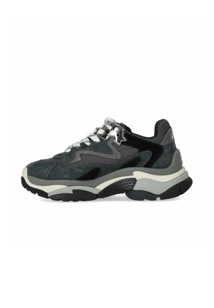 Sneaker chunky in suede e mesh grigio scuro, con dettagli neri, lacci bianchi, suola testurizzata e un logo prominente sul tallone.