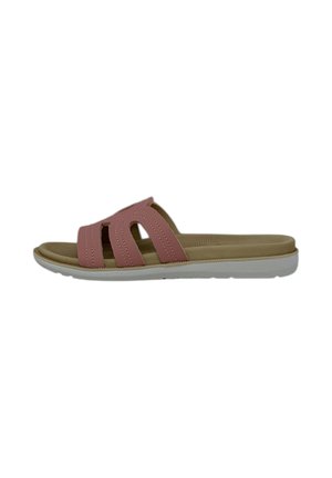 Sandal in pelle rosa con tre cinturini tagliati, plantare imbottito color beige e suola in gomma bianca. Texture liscia e dettagli minimi.
