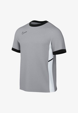 Maglietta Nike grigia a maniche corte con colletto nero e bordi delle maniche neri, con pannelli laterali bianchi traspiranti e il logo Nike nero sul petto.