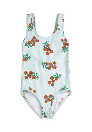 Svetlomodré jednodielne plavky s potlačou červených strapcov cherry paradajok a zelených stoniek po celej ploche.
