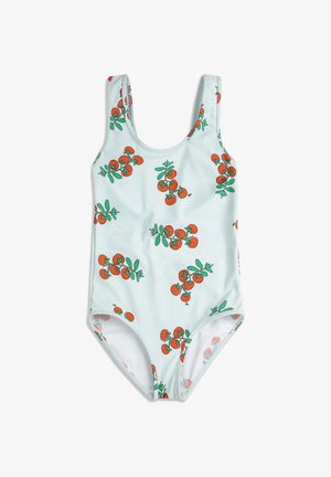 Maillot de bain une pièce bleu clair imprimé de grappes de tomates cerises rouges et de tiges vertes partout.