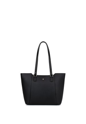 Black leather tote bag with long handles, silver hardware, and a small button detail on the front center.