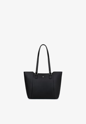 Black leather tote bag with long handles, silver hardware, and a small button detail on the front center.