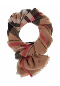 Écharpe à carreaux marron avec un mélange de motifs à carreaux et des accents rouges et noirs. Fabriquée dans un matériau doux avec des bords effilochés.
