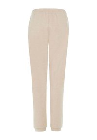 Beige Jogginghose mit elastischem Bund, schmal zulaufendem Bein und weichem, strukturiertem Stoff. Einfach und vielseitig für die Freizeit.