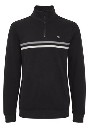 Black pullover sweatshirt with a high collar, front zipper, and two horizontal stripes in grey and white across the chest. Features ribbed cuffs.