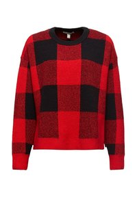 Suéter a cuadros rojos y negros con cuello redondo y corte holgado. Presenta bloques de colores llamativos y una tela texturizada. Manga larga.