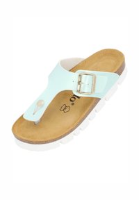 Infradito blu chiaro con fibbia, soletta in sughero e suola in gomma bianca. Presenta una parte superiore in pelle liscia e un accento metallico rotondo.