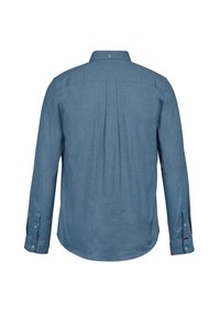 Blue long-sleeve shirt made of lightweight fabric. Features a button-down collar, pleat detail at the back, and buttoned cuffs.