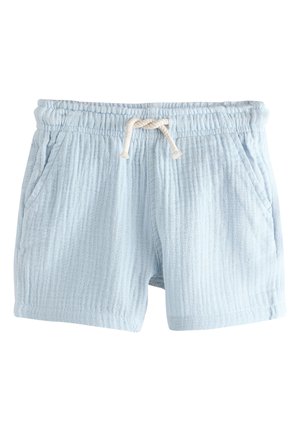 Hele sinist tekstuuriga lühikesed püksid, millel on elastne vöökoht ja valge nöör, küljetaskutega.