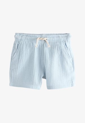Lichtblauwe korte broek van gestructureerde stof met elastische tailleband en witte aantrekkoord, met zijzakken.