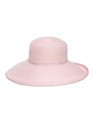 Light pink wide-brimmed woven sun hat with a subtle ribbon band around the base of the crown, isolated on white background.