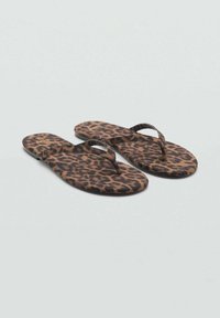 Leopard print flip-flops with a flat sole, thin straps, and a textured surface. Main colors are brown and black, with a distinctive pattern.