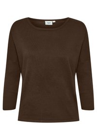 Pull en maille marron à manches longues avec un col rond et des poignets côtelés, étiqueté Saint Tropez, taille moyenne.