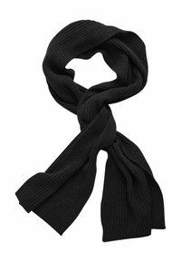 Sciarpa nera a costine, caratterizzata da una texture morbida e estremità sciolte, attorcigliata al centro per un look drappeggiato casual.