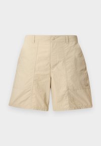 Beige shorts with a textured finish, featuring a front button closure, two side pockets, and a small logo on the lower right side.