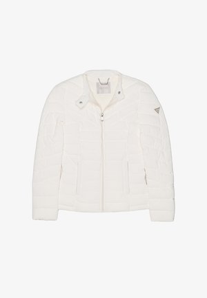 Doudoune blanche en tissu matelassé texturé, avec une fermeture éclair à l'avant et un col à pressions. Présente un accent logo sur l'épaule.