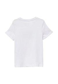 Witte korte mouw t-shirt, gemaakt van katoen, met een ronde halslijn. Glad textuur en eenvoudig ontwerp, achterkant weergegeven.