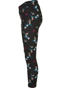 Fekete leggings él�énk színekben, például rózsaszínben, kékben és zöldben díszített virágmintával. Sima anyag, testhezálló fazon.