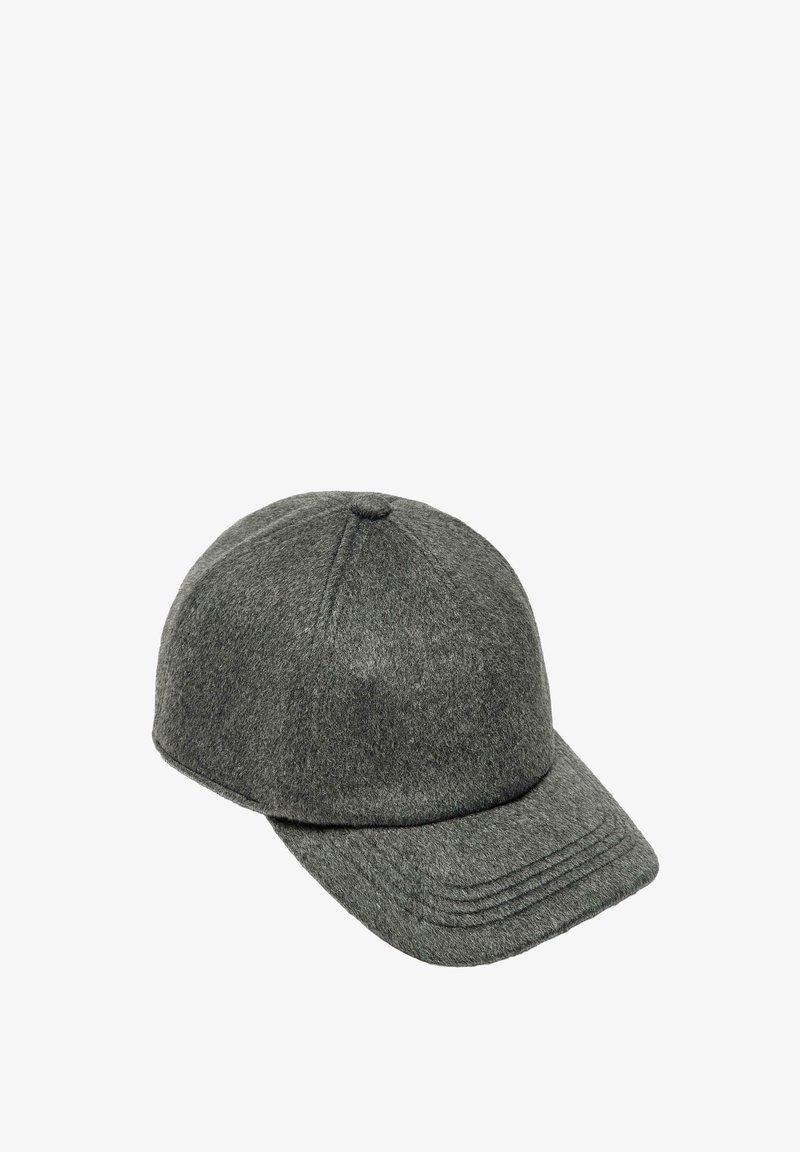 Graue Woll-Baseballmütze mit runder Krone, gebogenem Schirm und gesteppten Akzenten entlang des Schirms. Weiche Textur, lässiges Design.