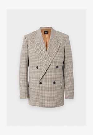 Blazer beige doppiopetto con motivo a quadretti fini, ampi revers, quattro bottoni neri e tasche con patta, foderato in raso marrone chiaro.