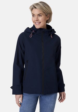 Navy blue waterproof jacket with a hood, adjustable drawstrings, front zipper, and side pockets; smooth texture and tailored fit.