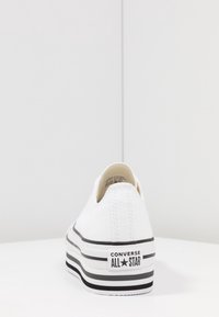 Baskets Converse All Star blanches vues de l'arrière, avec une semelle épaisse à rayures noires et une étiquette de marque au niveau du talon.