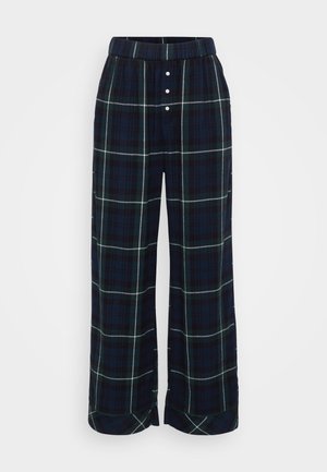 Pantaloni largi cu carouri bleu marin, cu un model de pătrățele albe și verzi, talie elastică și închidere cu nasture frontal. Material moale cu o textură netedă.