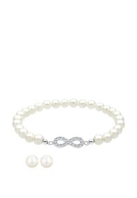 Perlenarmband mit einem silbernen Unendlichkeitsschließe, verziert mit kleinen Kristallen. Enthält zwei passende Perlenohrringe. Das Armband hat ein klassisches Design.