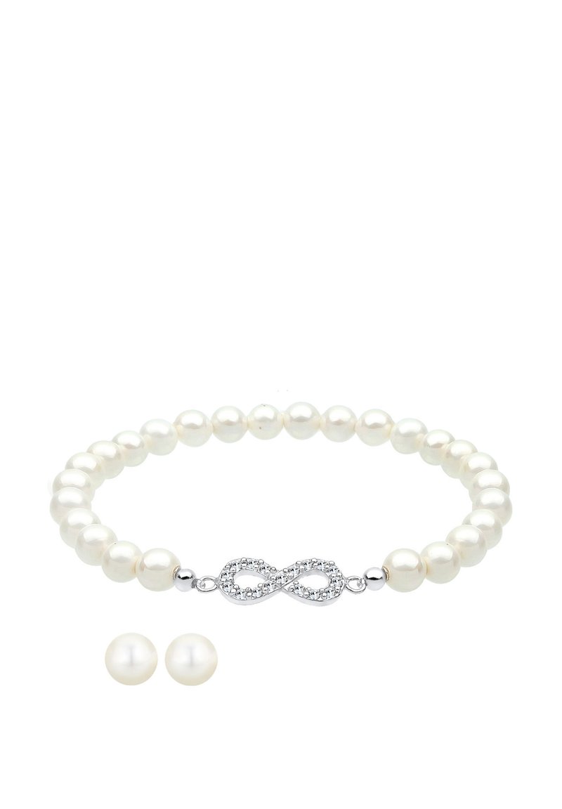 Perlenarmband mit einem silbernen Unendlichkeitsschließe, verziert mit kleinen Kristallen. Enthält zwei passende Perlenohrringe. Das Armband hat ein klassisches Design.