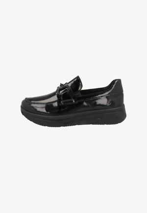 Black patent leather slip-on shoes with a rounded toe, detailing on the upper, decorative hardware, and a thick rubber sole.
