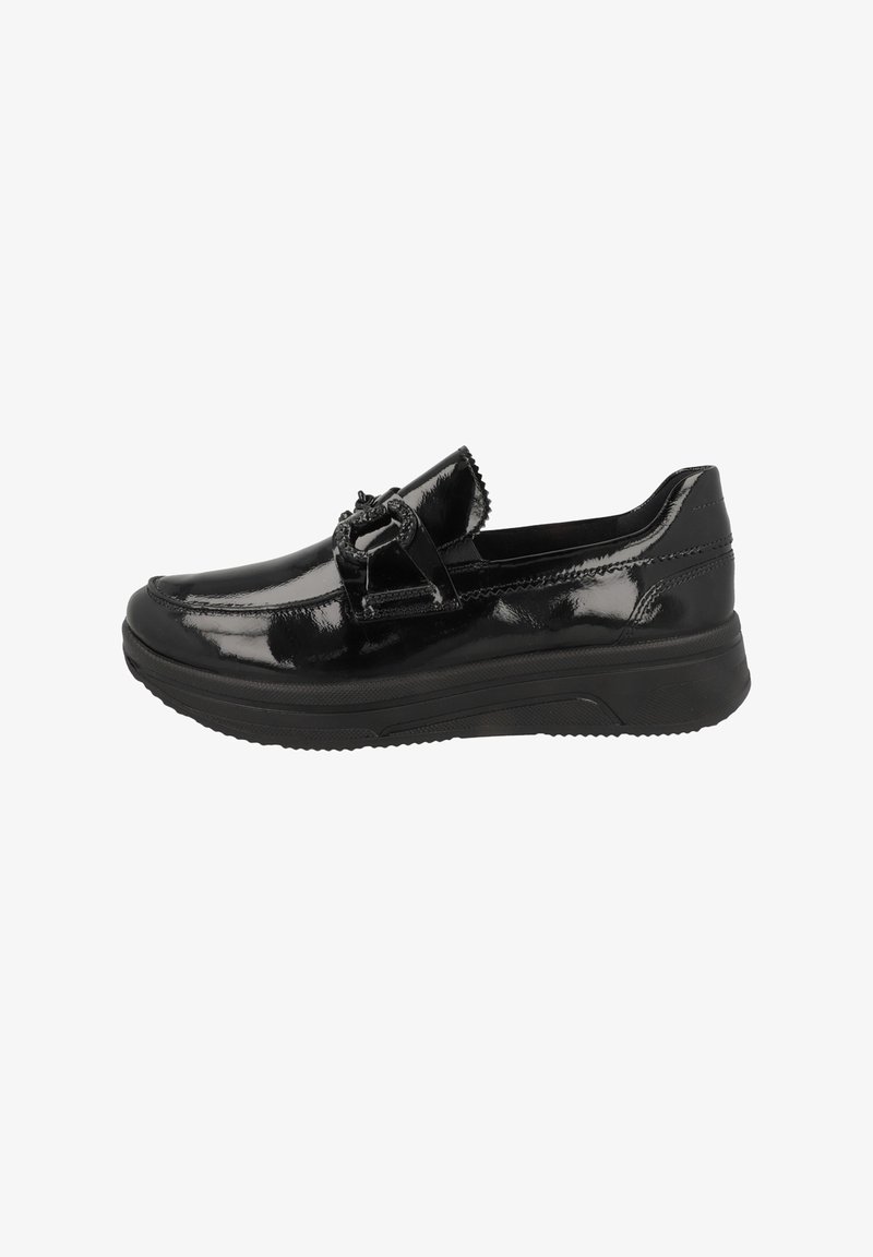 Black patent leather slip-on shoes with a rounded toe, detailing on the upper, decorative hardware, and a thick rubber sole.