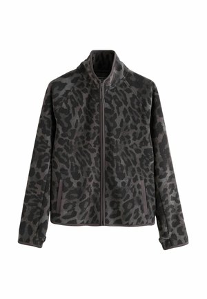Fleece jacket with a gray and black leopard print, high collar, full front zipper, and two side pockets with contrasting trim.