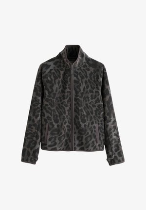 Giacca in fleece con stampa leopardata grigia e nera, colletto alto, zip frontale completa e due tasche laterali con bordi a contrasto.
