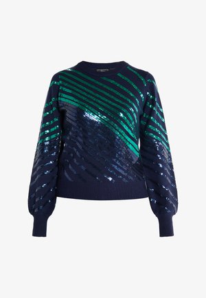 Navy sweater with horizontal green and blue sequin stripes. Features ribbed neckline and cuffs, with a relaxed fit and textured surface.