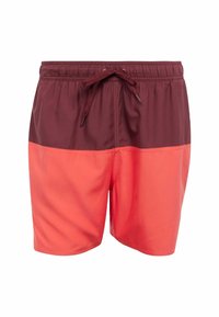 Costumi da bagno da uomo in bordeaux e corallo, con vita regolabile tramite cordoncino e tessuto morbido e leggero, caratterizzati da un design a blocchi di colore.